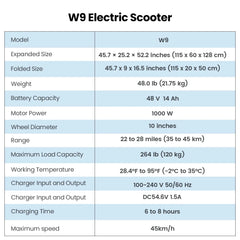 iScooter W9 Electric Scooter 10 inch 1000W 48V14Ah 35-45km Range 45km/h Max Speed Off Road Tires Rear Drive Dual Disc Brakes